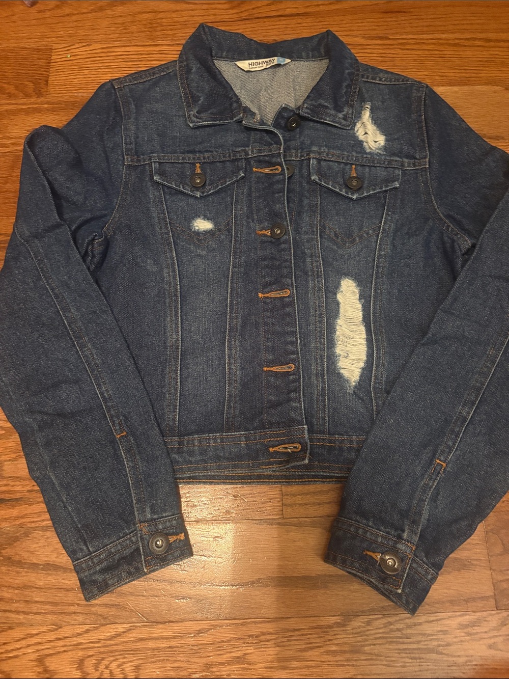 Rainbow Dark Blue Distressed Denim Jean Jacket